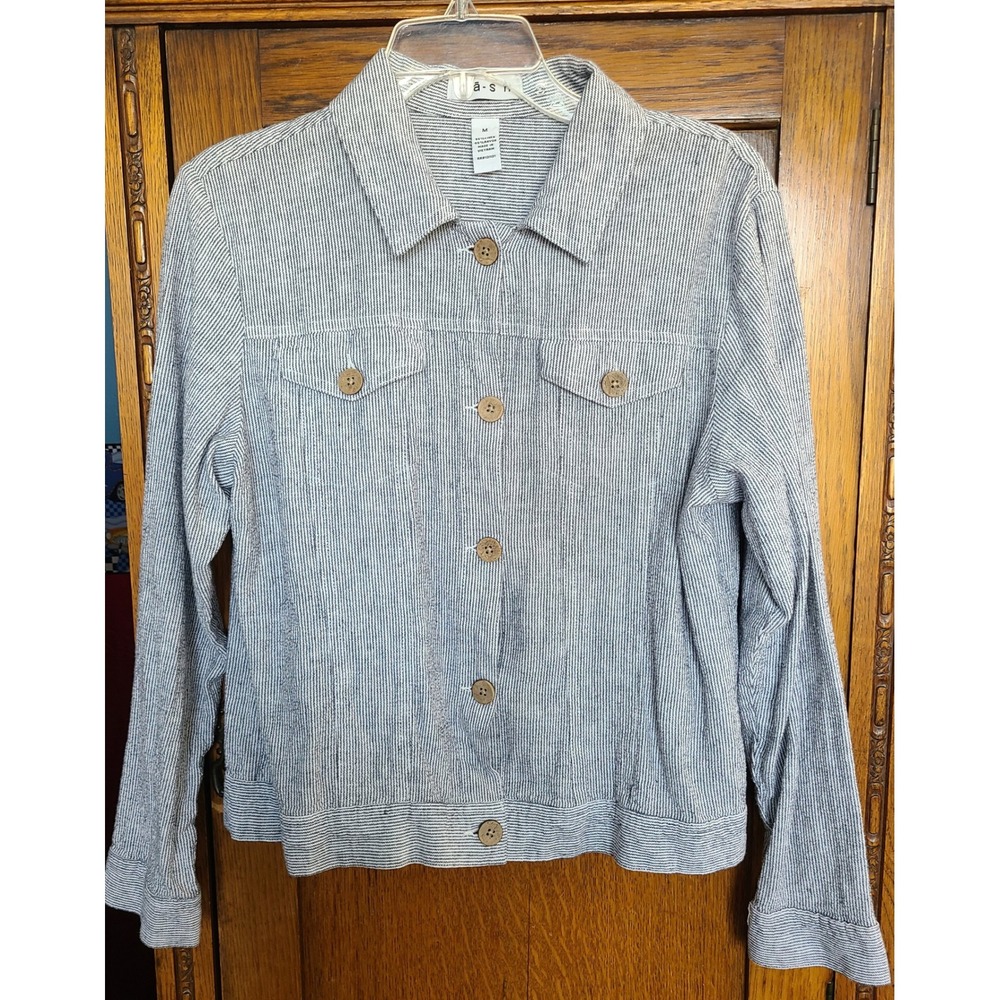 Dash Womens Blue White Striped Linen Blend Trucker Jacket RN131121 Medium